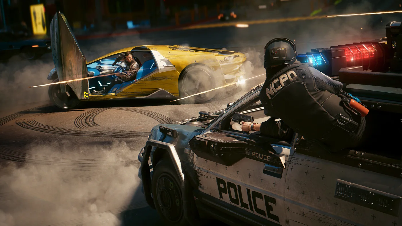 Cyberpunk 2077: o urmărire cu mașina, scena tipică pentru testele de upscaling