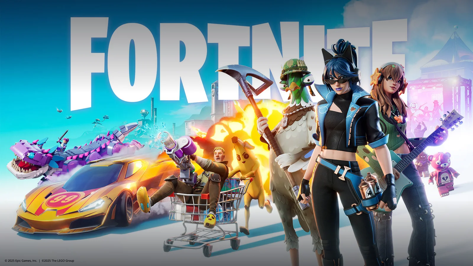 Imagine promoțională Fortnite, cu personaje și vehicule