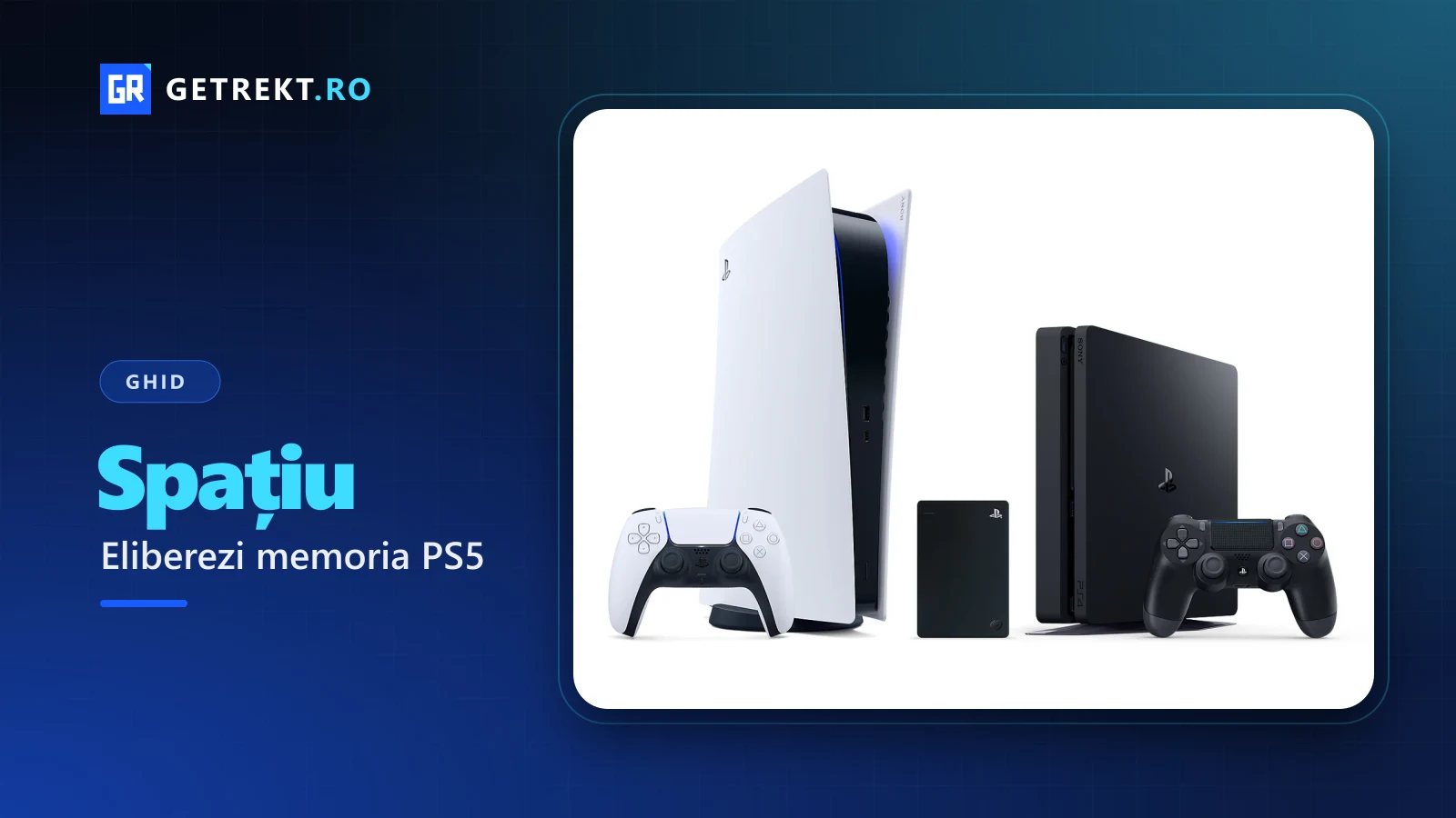 Consola PS5 Digital Edition, un hard disk extern și un PS4 cu controllerul DualShock 4