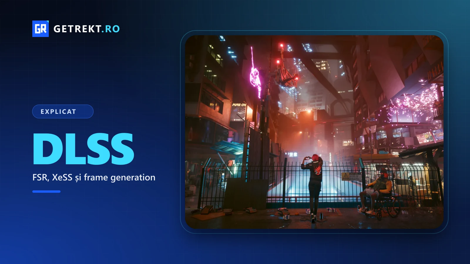 Peisaj urban din Cyberpunk 2077, jocul folosit des pentru testarea DLSS și FSR