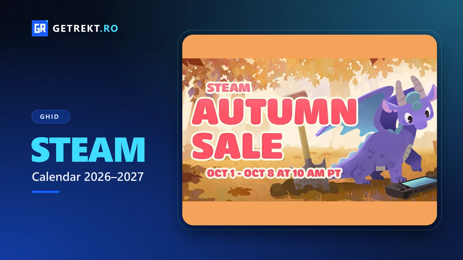 Grafica oficială Steam Autumn Sale 2026, cu un dragon și datele reducerilor