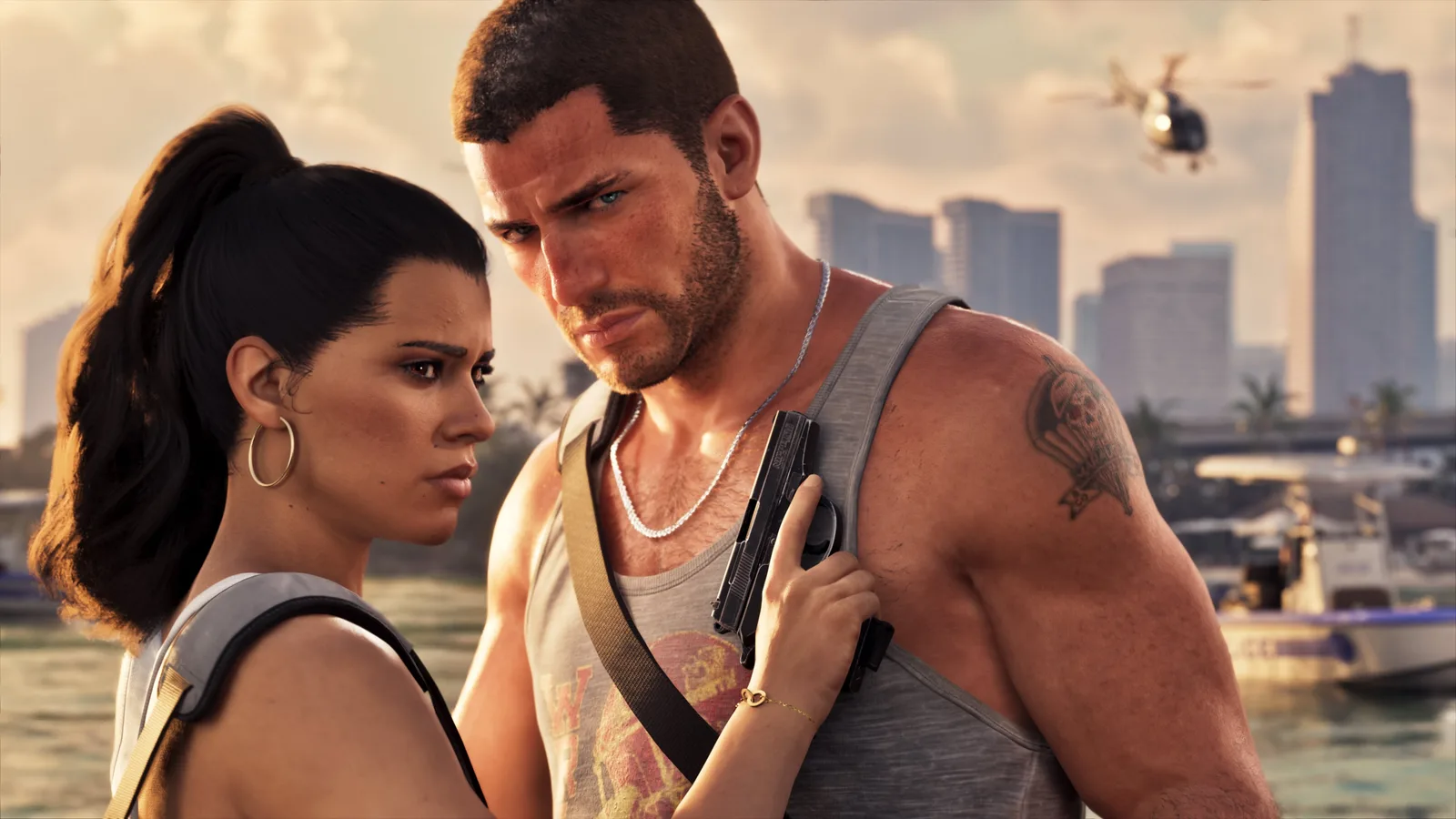 Lucia și Jason, personajele principale din GTA 6, cu Vice City în fundal