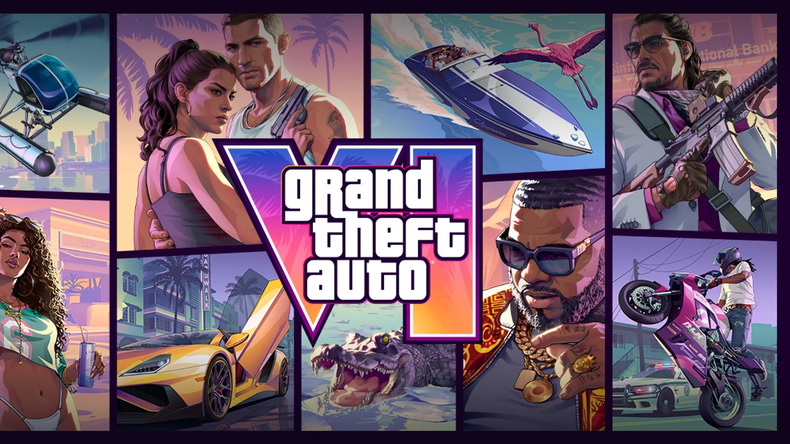 Artwork oficial Grand Theft Auto VI cu personajele Lucia și Jason