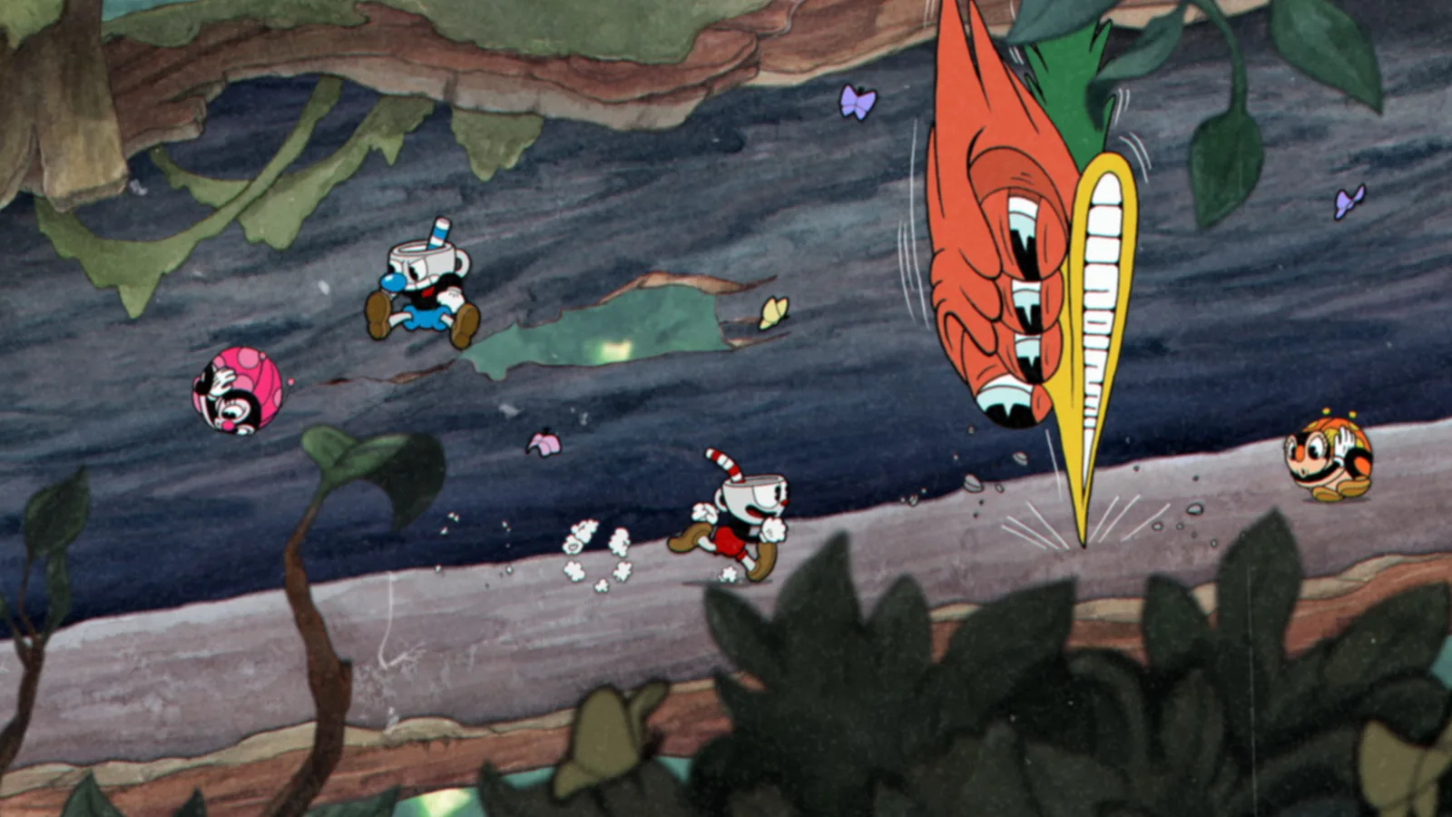 Cuphead și Mugman într-o luptă cu un boss, în modul pentru doi jucători