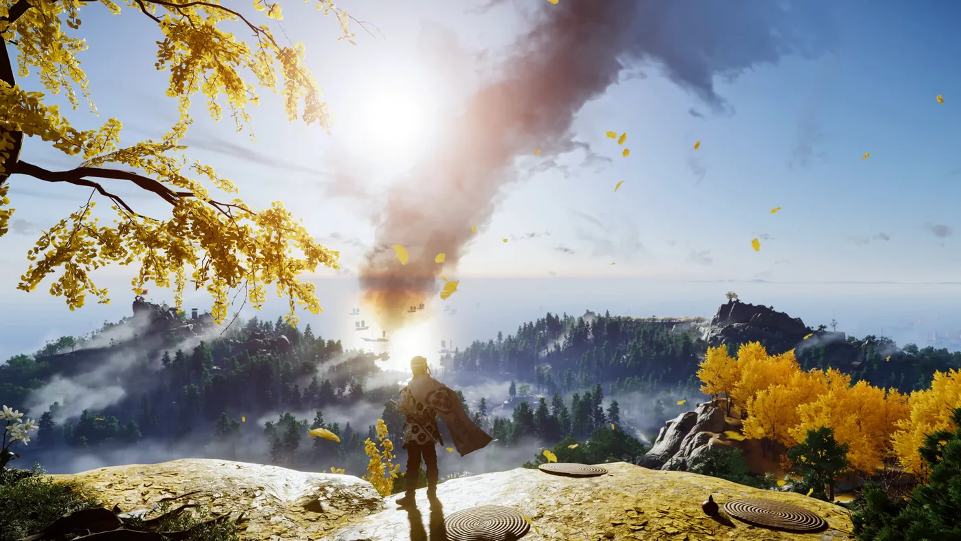 Ghost of Tsushima: Jin Sakai privind coloana de fum de pe un deal