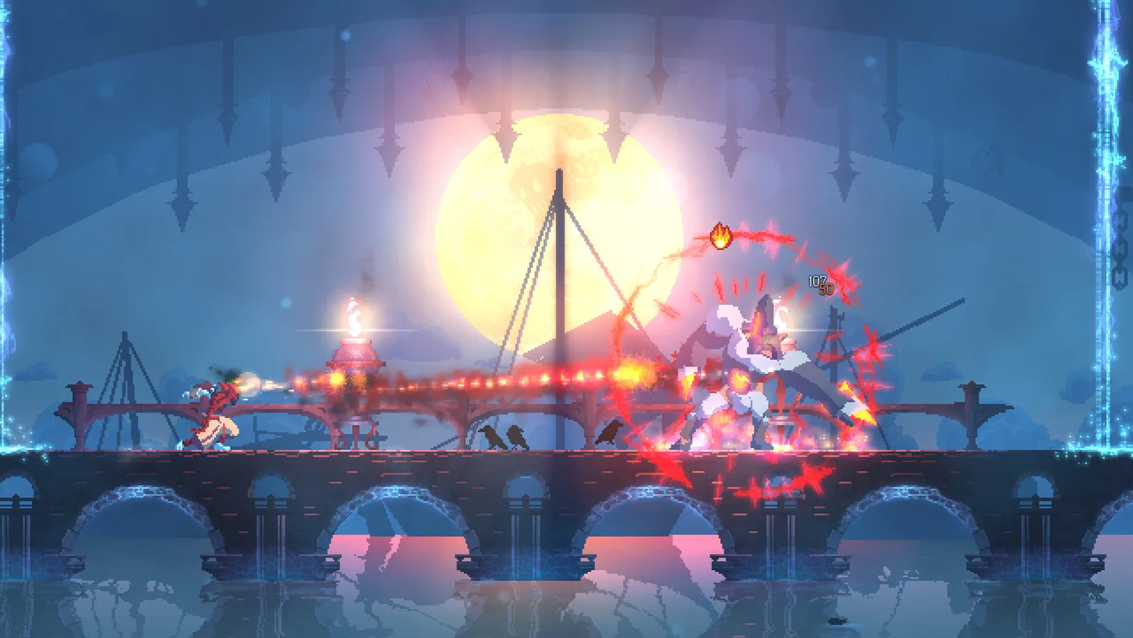 Dead Cells: luptă cu un boss pe un pod, sub lună