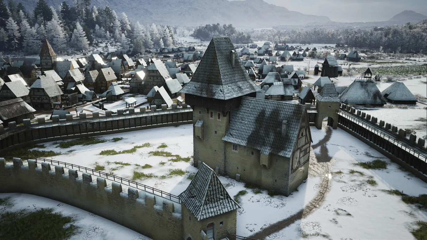 Manor Lords, un castel medieval sub zăpadă