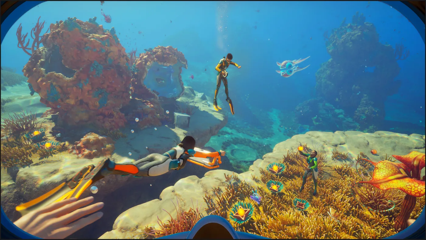 Subnautica 2: scafandri pe un recif de coral