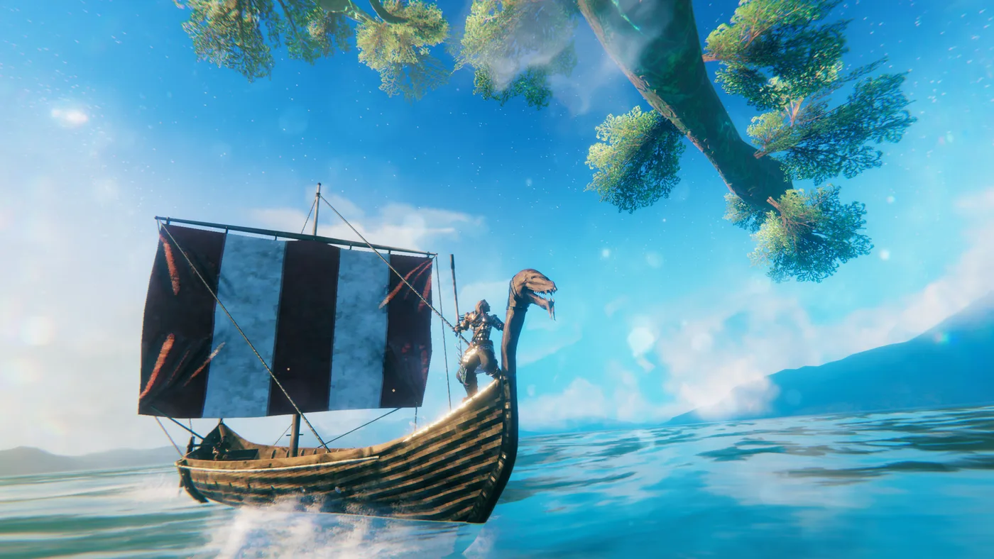 Valheim: o corabie vikingă pe mare, în versiunea 1.0 lansată în septembrie 2026