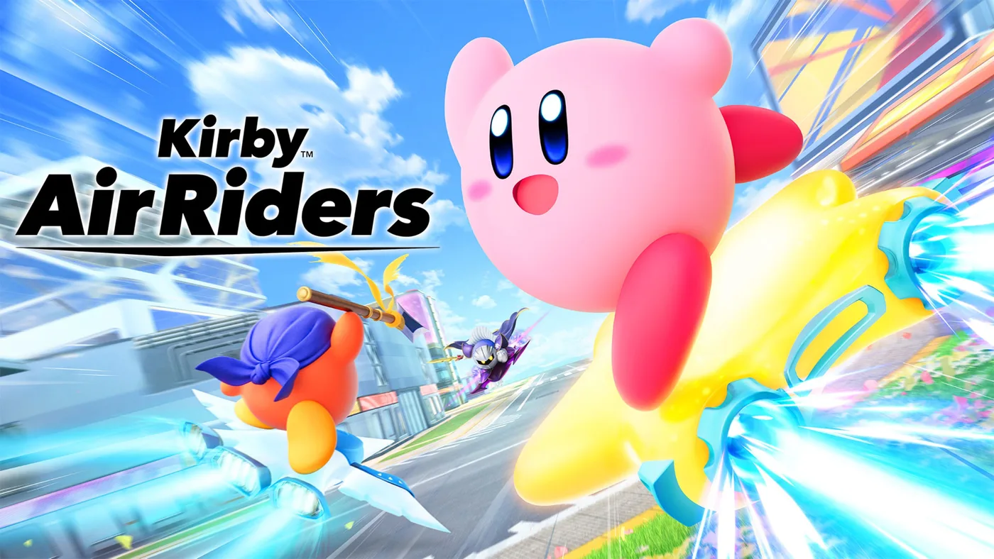 Kirby Air Riders: Kirby pe un vehicul într-o cursă
