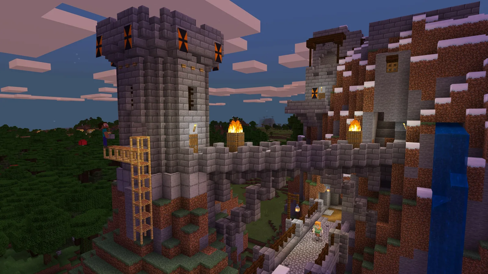 Un castel construit în Minecraft, cu turnuri și o cascadă
