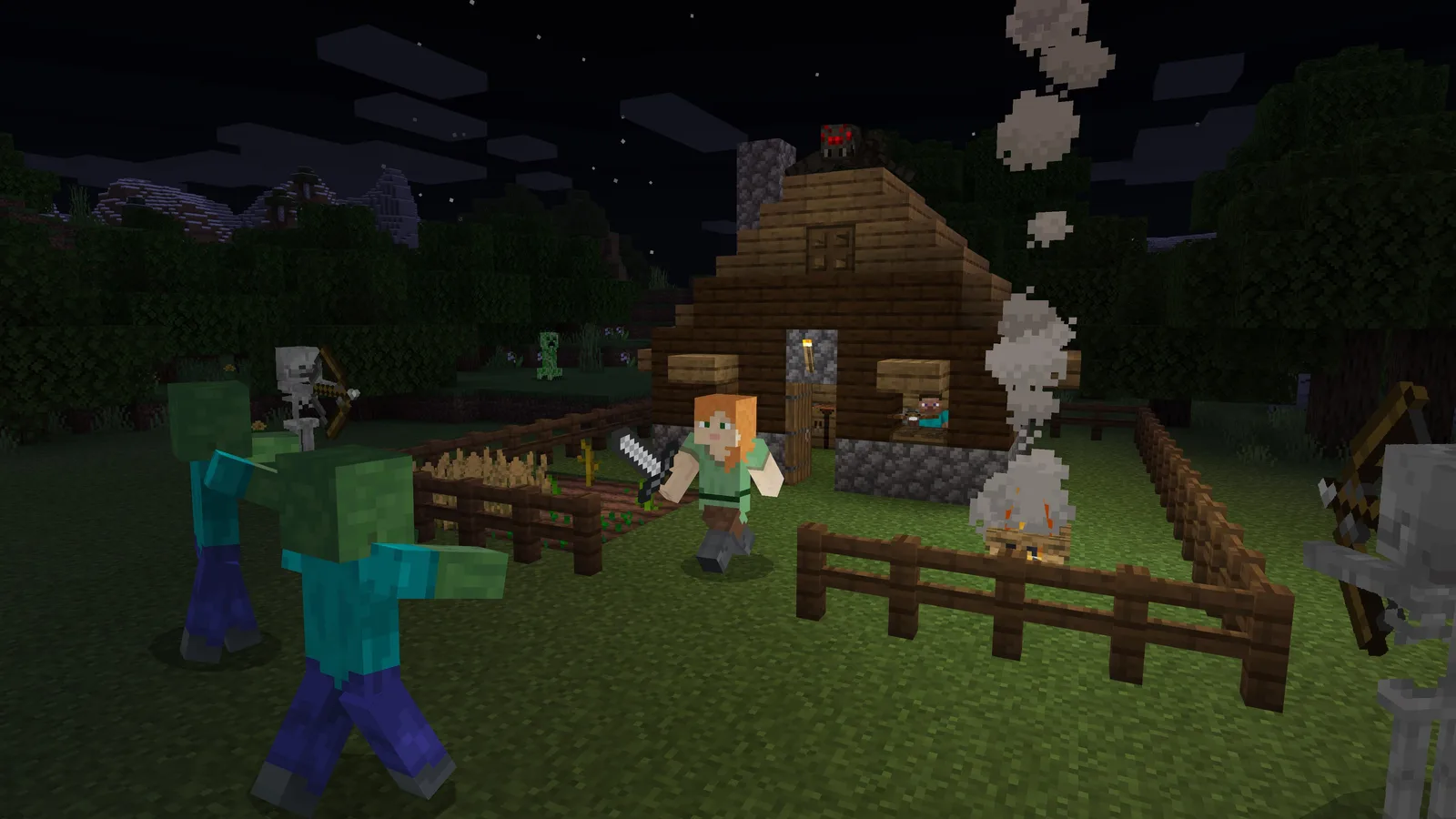 Noaptea în Minecraft: zombi și un schelet atacă o fermă