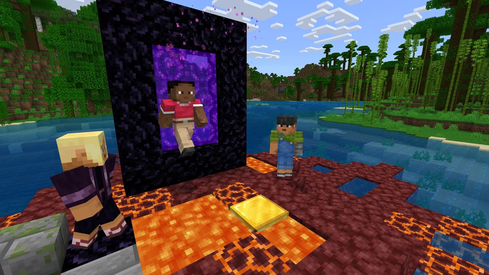 Doi jucători lângă un portal spre Nether, în Minecraft