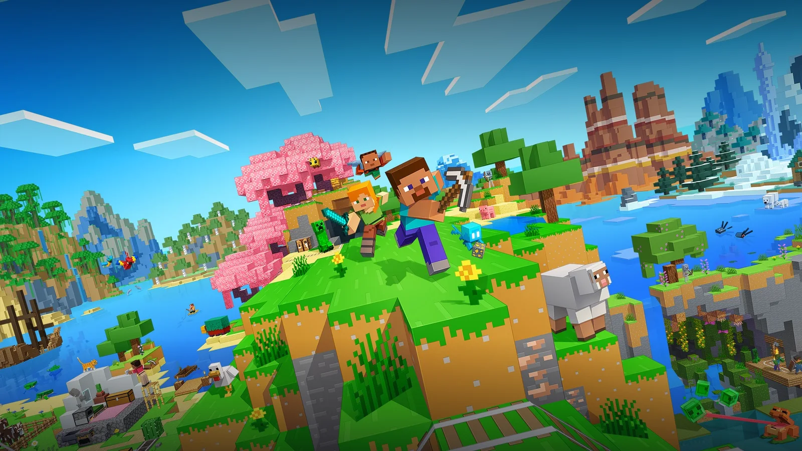 Steve și Alex, personajele din Minecraft, pe o insulă cu animale și copaci înfloriți