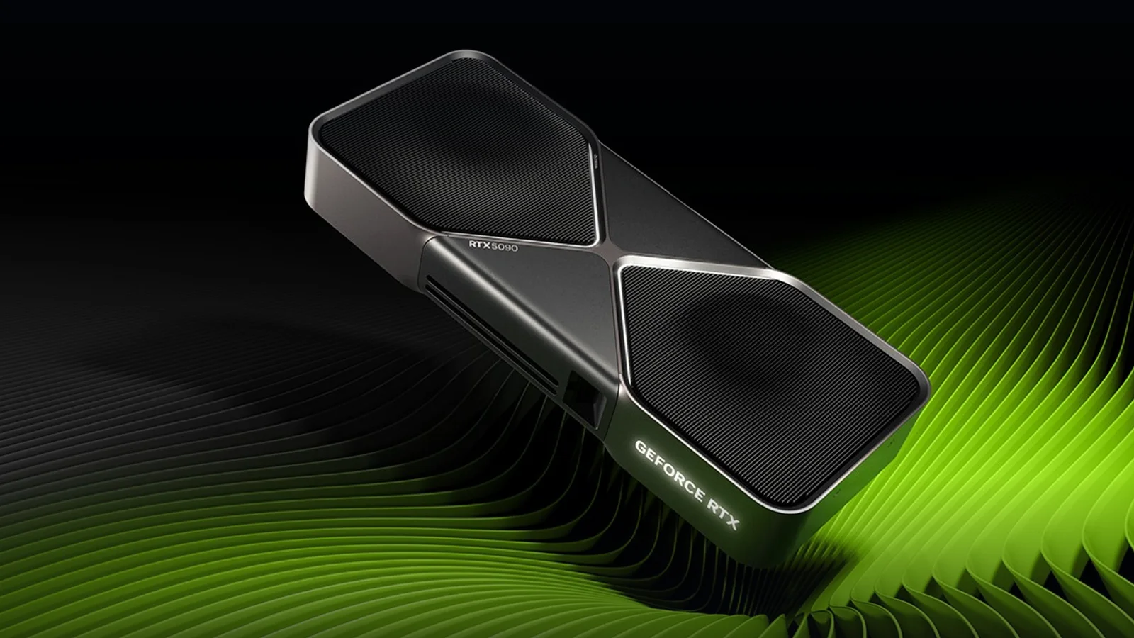 Placa video NVIDIA GeForce RTX 5090 pe fundal negru-verde