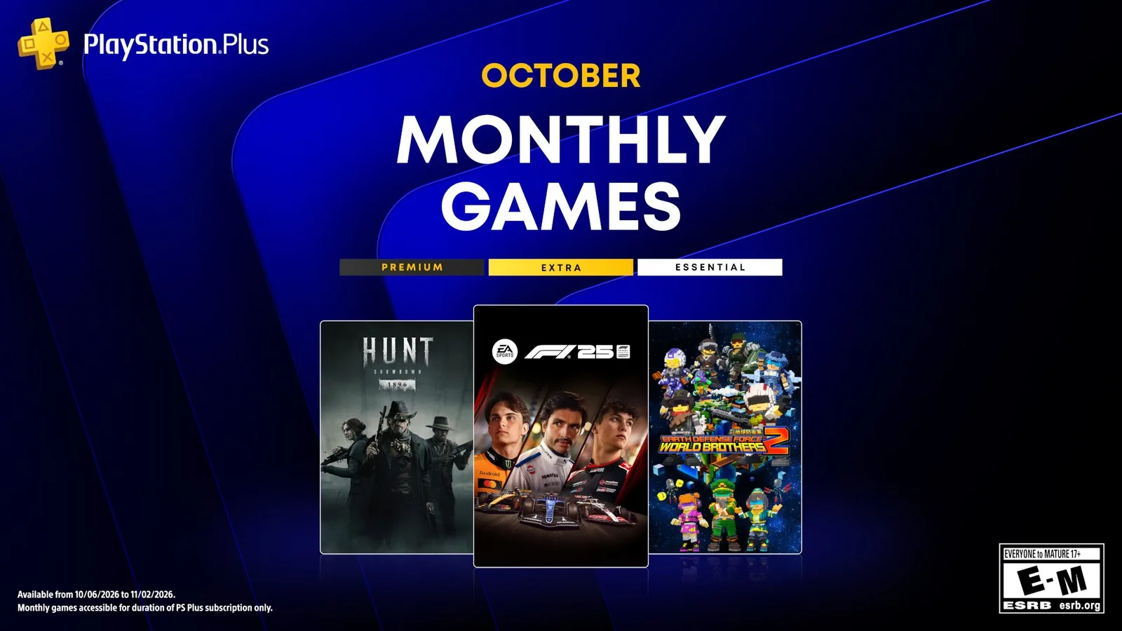 Jocurile PlayStation Plus din octombrie 2026: Hunt Showdown 1896, F1 25 și Earth Defense Force World Brothers 2