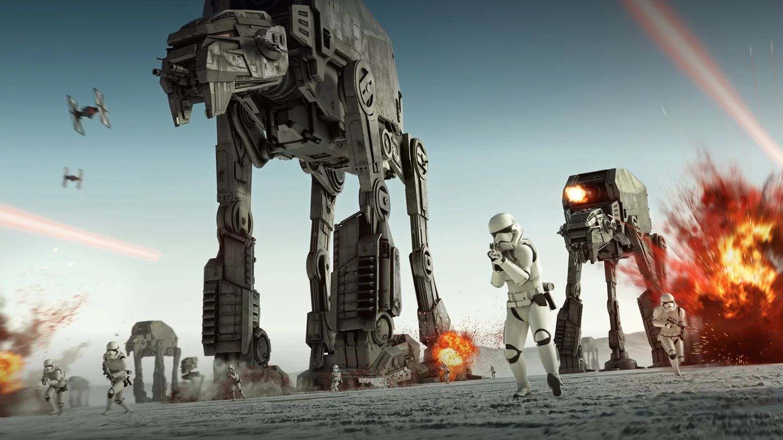 Captură oficială din Star Wars Battlefront II, cu o bătălie cu AT-AT-uri