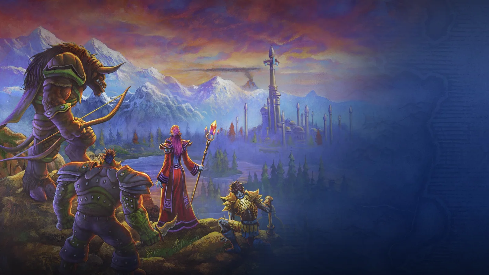 Artwork oficial World of Warcraft: Forever cu eroi ai Hoardei privind spre Dalaran