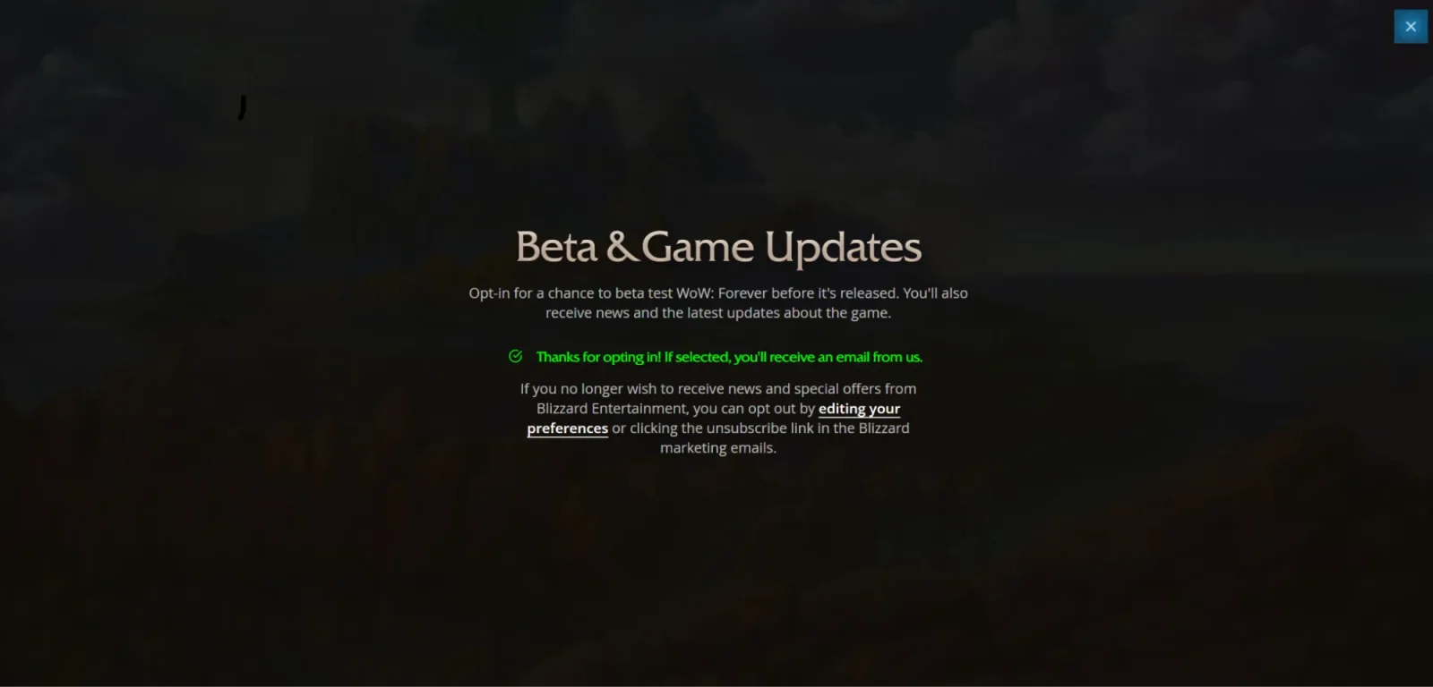Pagina oficială de înscriere pentru beta WoW: Forever