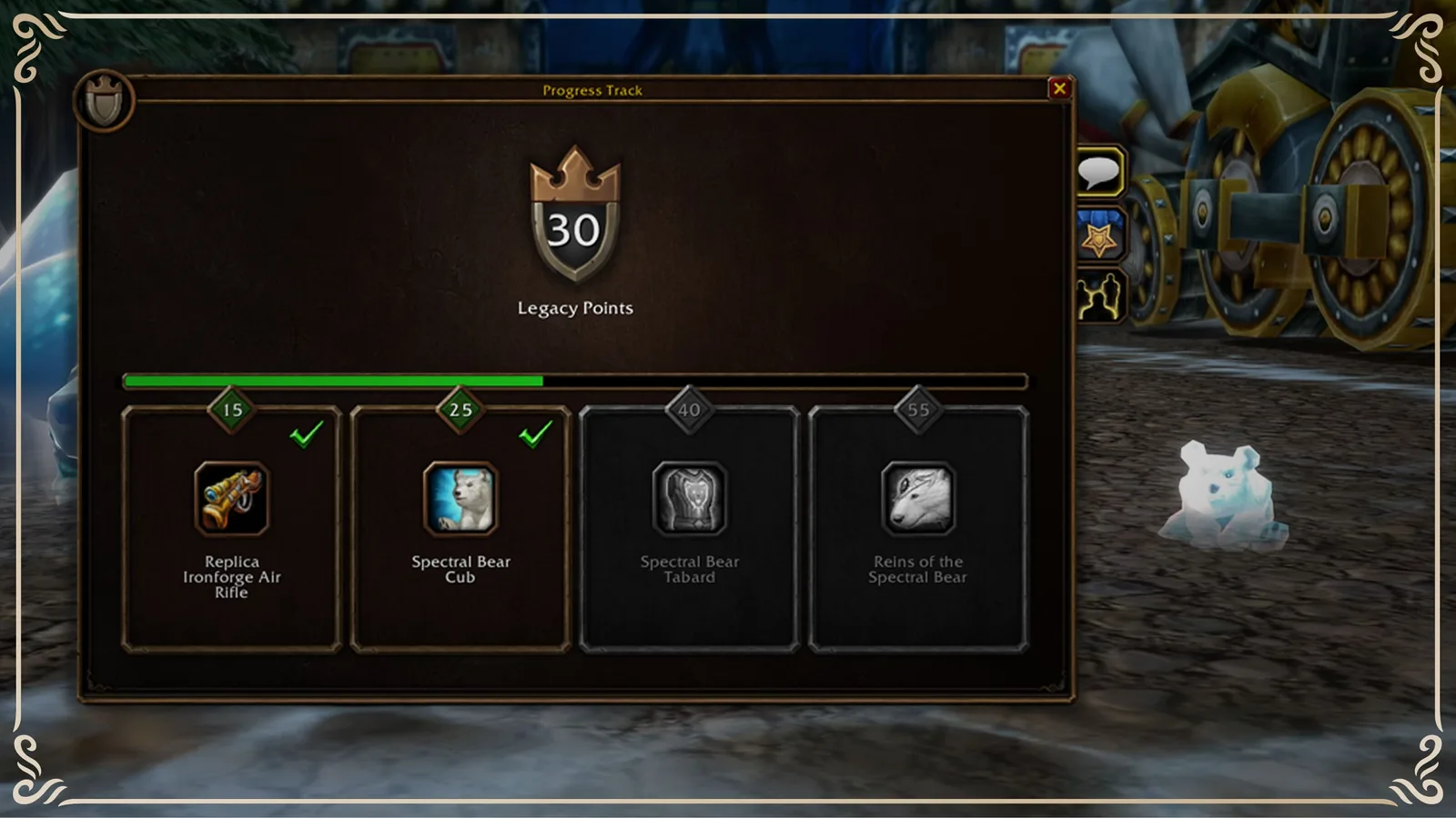 Ecranul Legacy Points din WoW: Forever